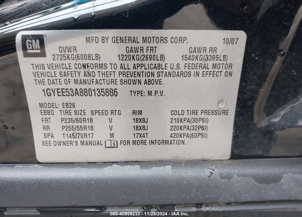2008 CADILLAC SRX V8 VIN: 1GYEE53A880135886