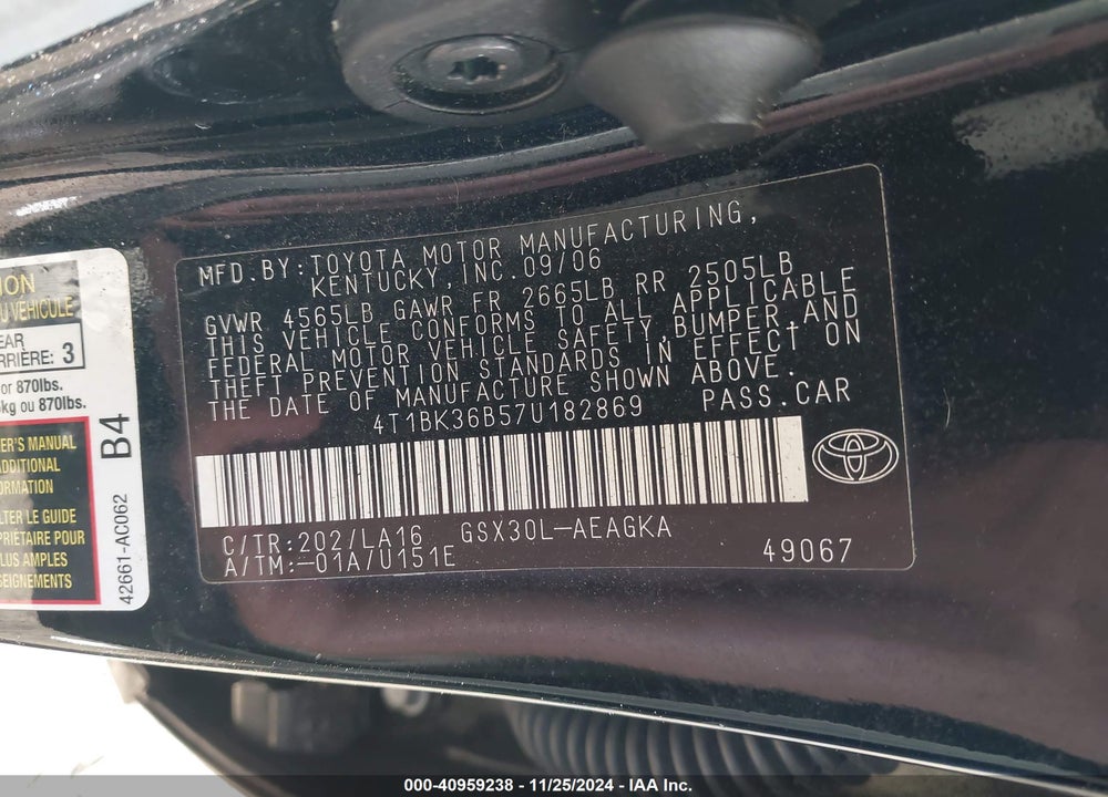 2007 TOYOTA AVALON XLS VIN: 4T1BK36B57U182869