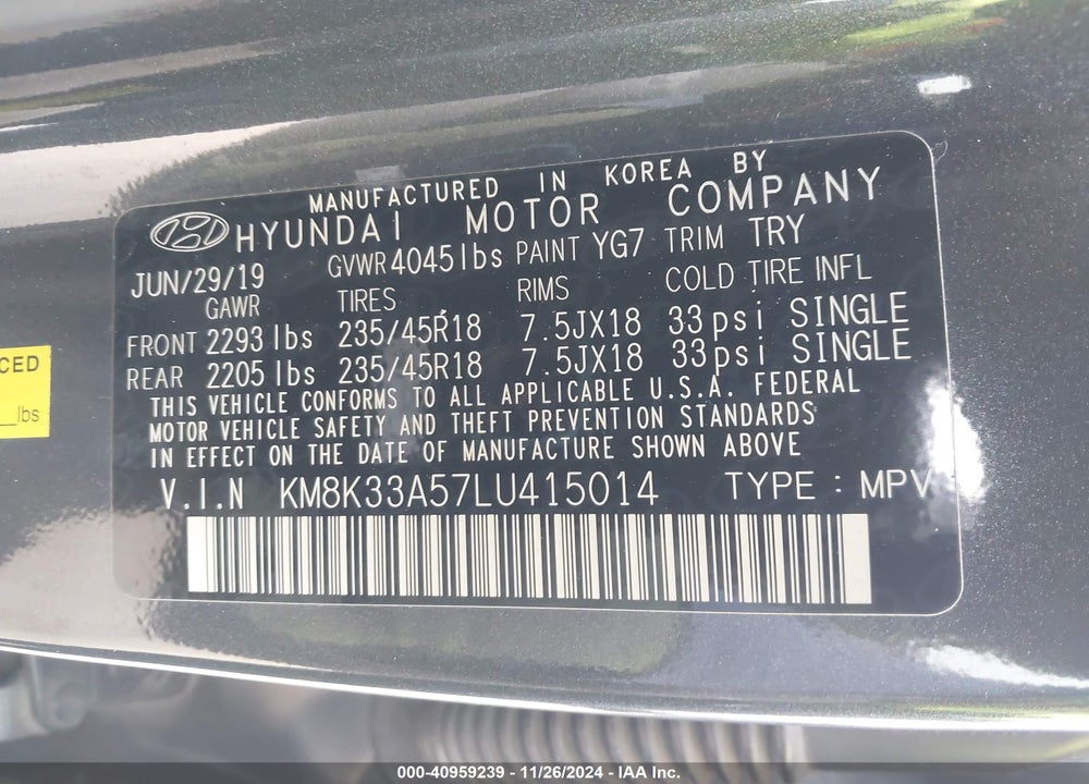 2020 HYUNDAI KONA LIMITED VIN: KM8K33A57LU415014