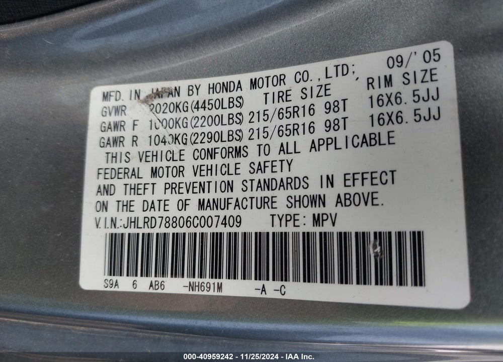 2006 HONDA CR-V EX VIN: JHLRD78806C007409