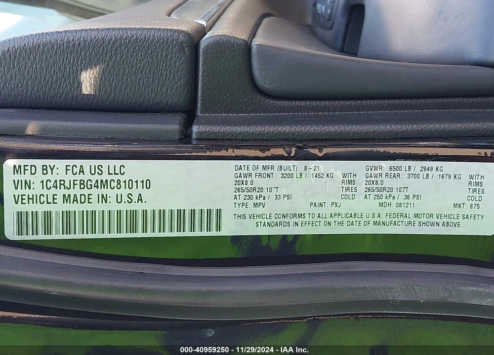 2021 JEEP GRAND CHEROKEE LIMITED 4X4 VIN: 1C4RJFBG4MC810110
