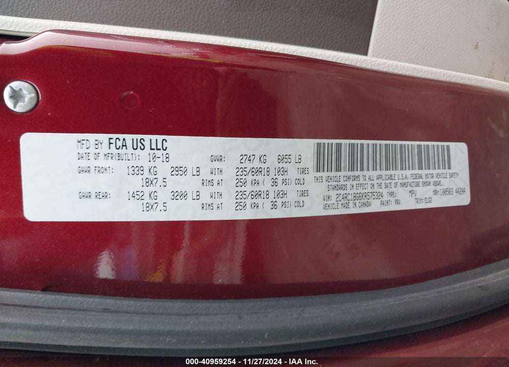 2019 CHRYSLER PACIFICA TOURING L VIN: 2C4RC1BG6KR575324