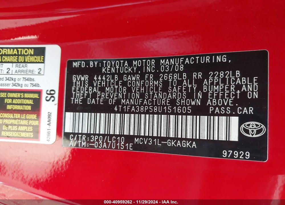 2008 TOYOTA CAMRY SOLARA SLE VIN: 4T1FA38P58U151605