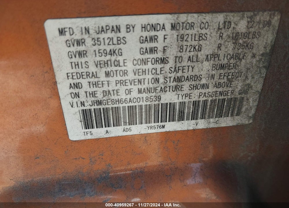 2010 HONDA FIT SPORT VIN: JHMGE8H66AC018539