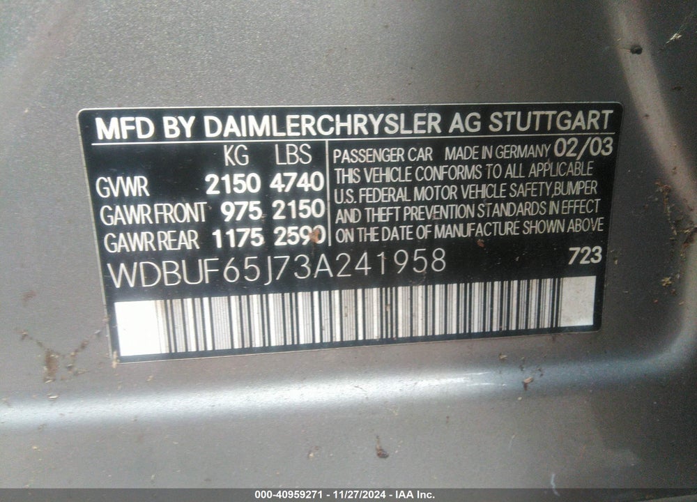 2003 MERCEDES-BENZ E 320 VIN: WDBUF65J73A241958
