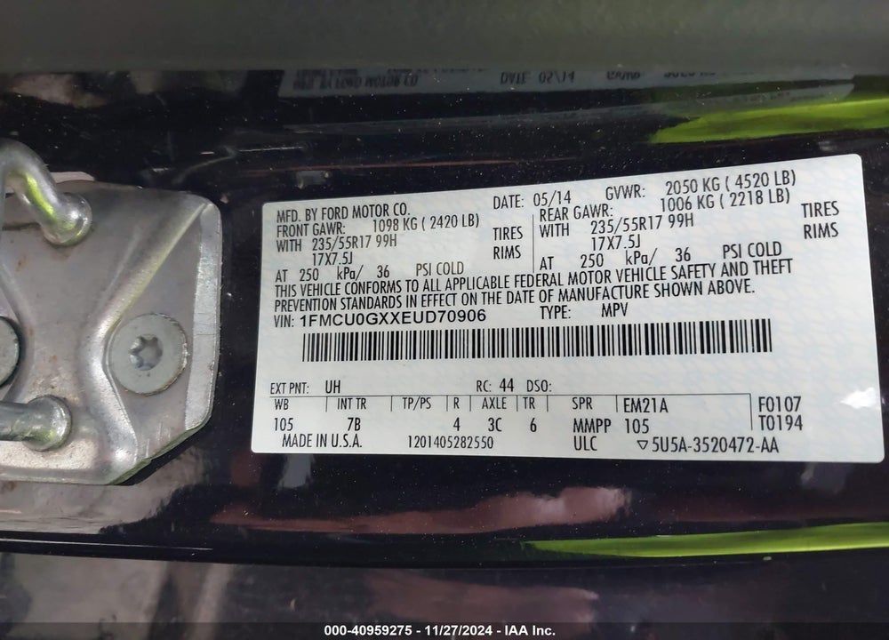 2014 FORD ESCAPE SE VIN: 1FMCU0GXXEUD70906