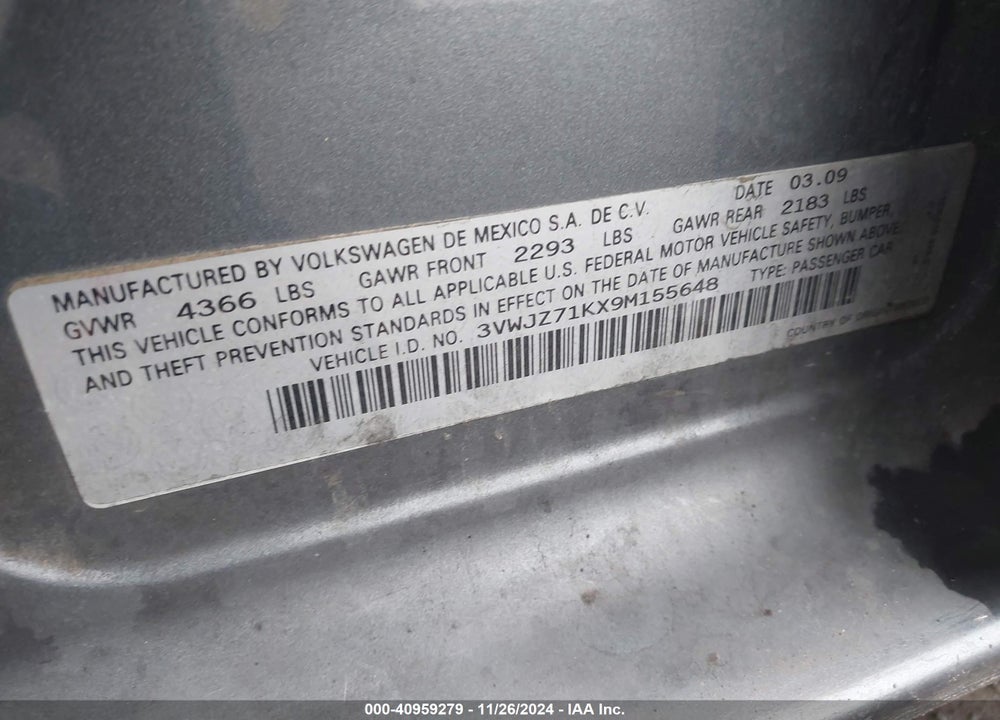 2009 VOLKSWAGEN JETTA S VIN: 3VWJZ71KX9M155648