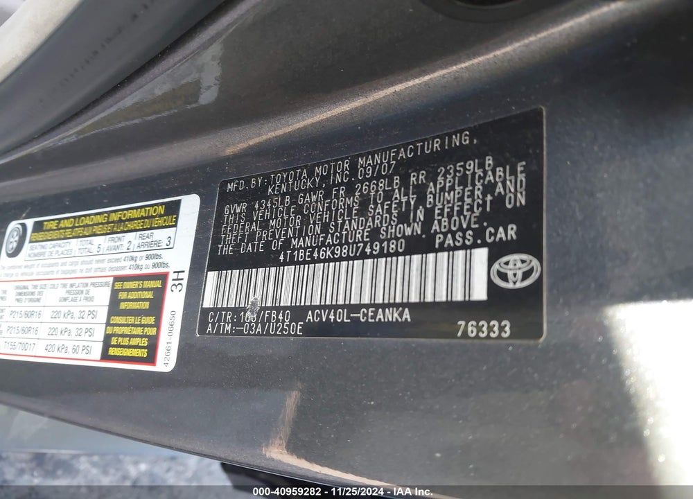 2008 TOYOTA CAMRY LE VIN: 4T1BE46K98U749180
