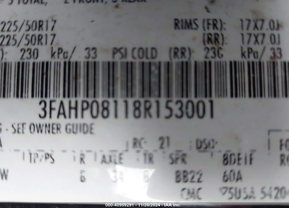 2008 FORD FUSION VIN: 3FAHP08118R153001