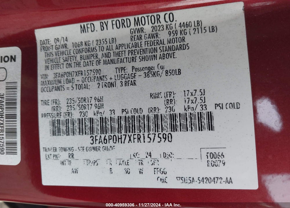 2015 FORD FUSION SE VIN: 3FA6P0H7XFR157590