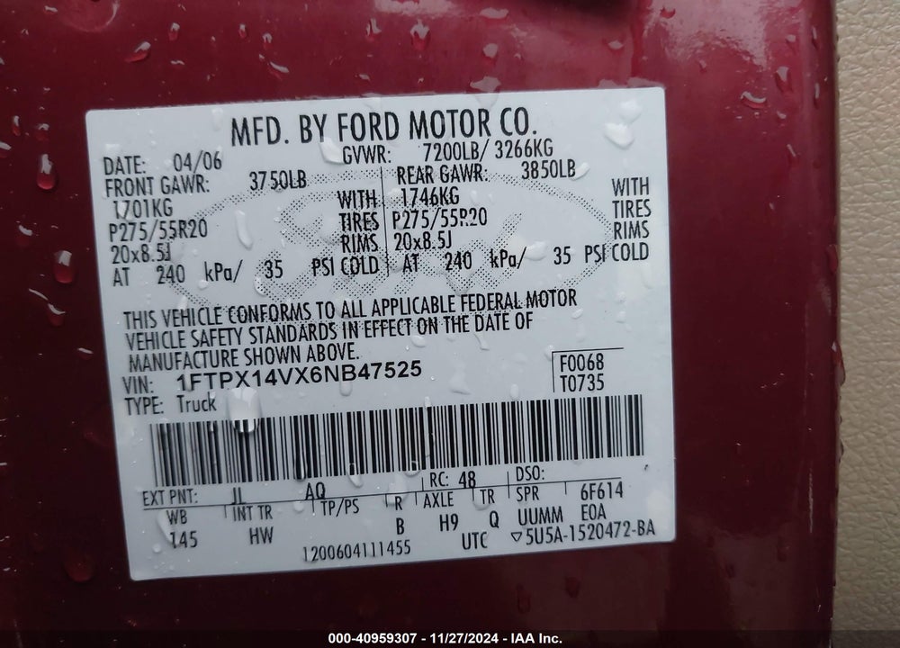 2006 FORD F-150 FX4/LARIAT/XL/XLT VIN: 1FTPX14VX6NB47525