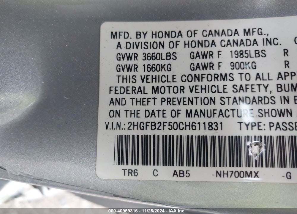 2012 HONDA CIVIC LX VIN: 2HGFB2F50CH611831