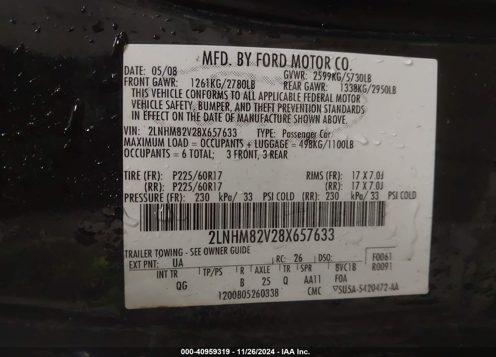 2008 LINCOLN TOWN CAR VIN: 2LNHM82V28X657633