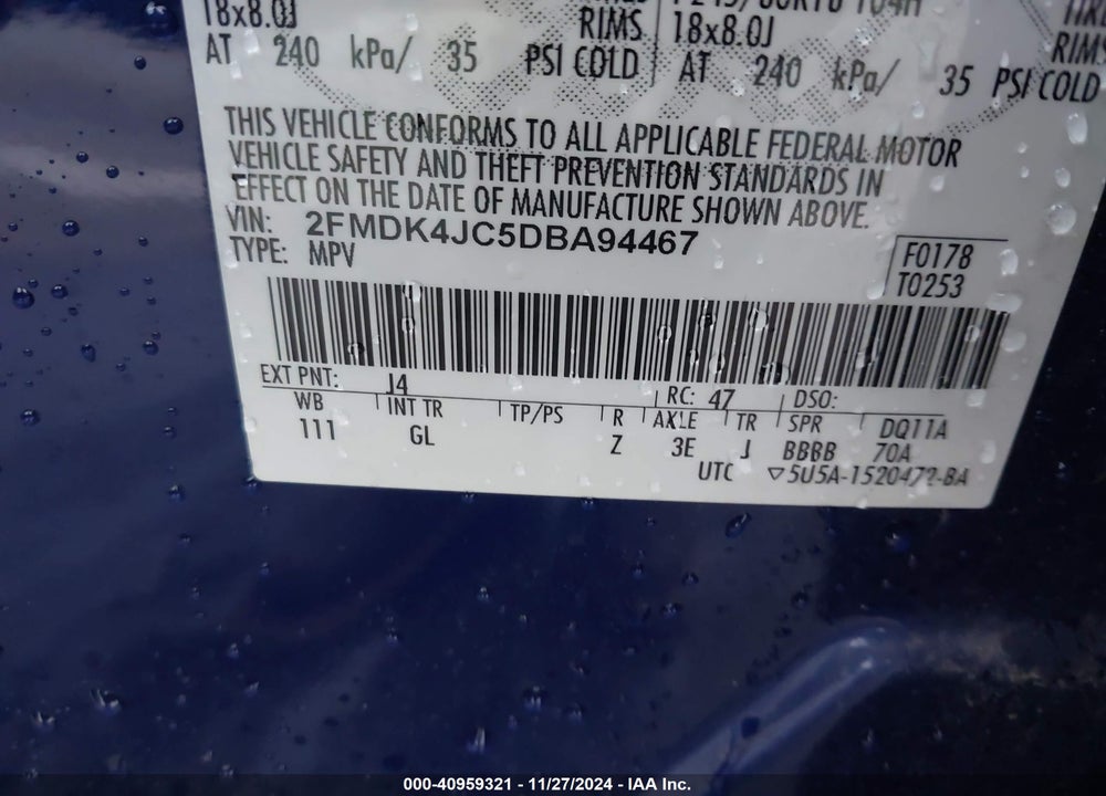 2013 FORD EDGE SEL VIN: 2FMDK4JC5DBA94467