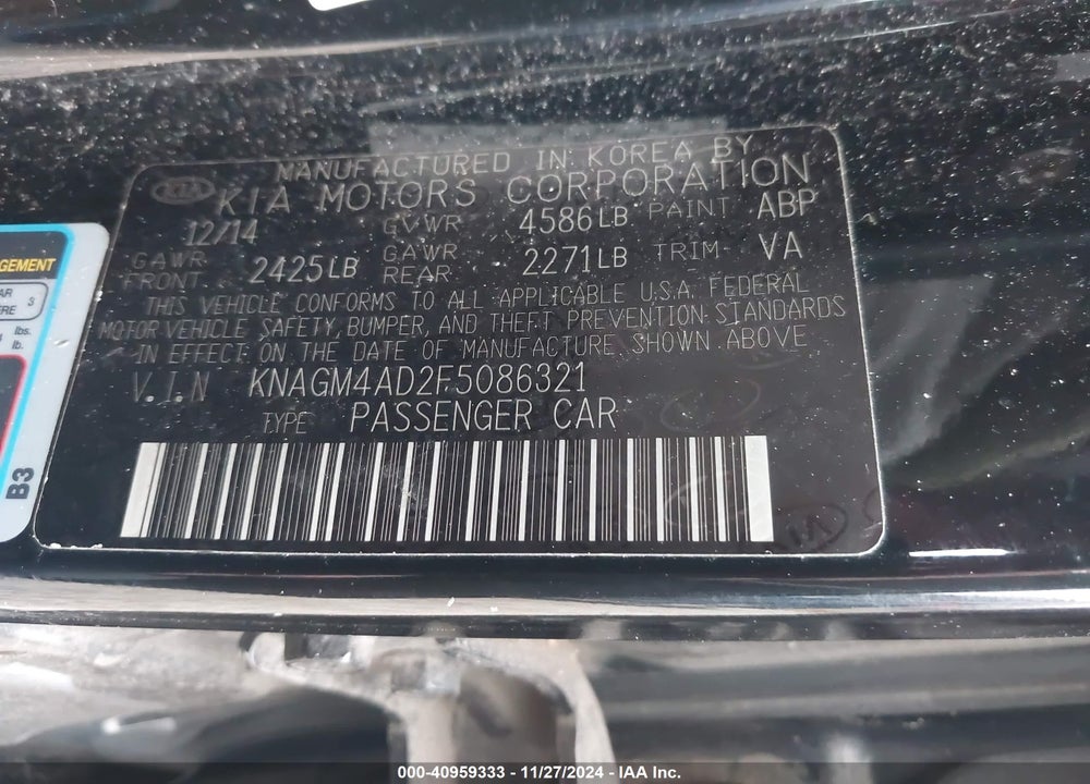 2015 KIA OPTIMA HYBRID VIN: KNAGM4AD2F5086321