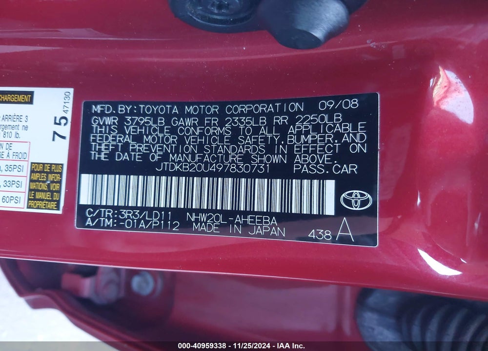 2009 TOYOTA PRIUS VIN: JTDKB20U497830731