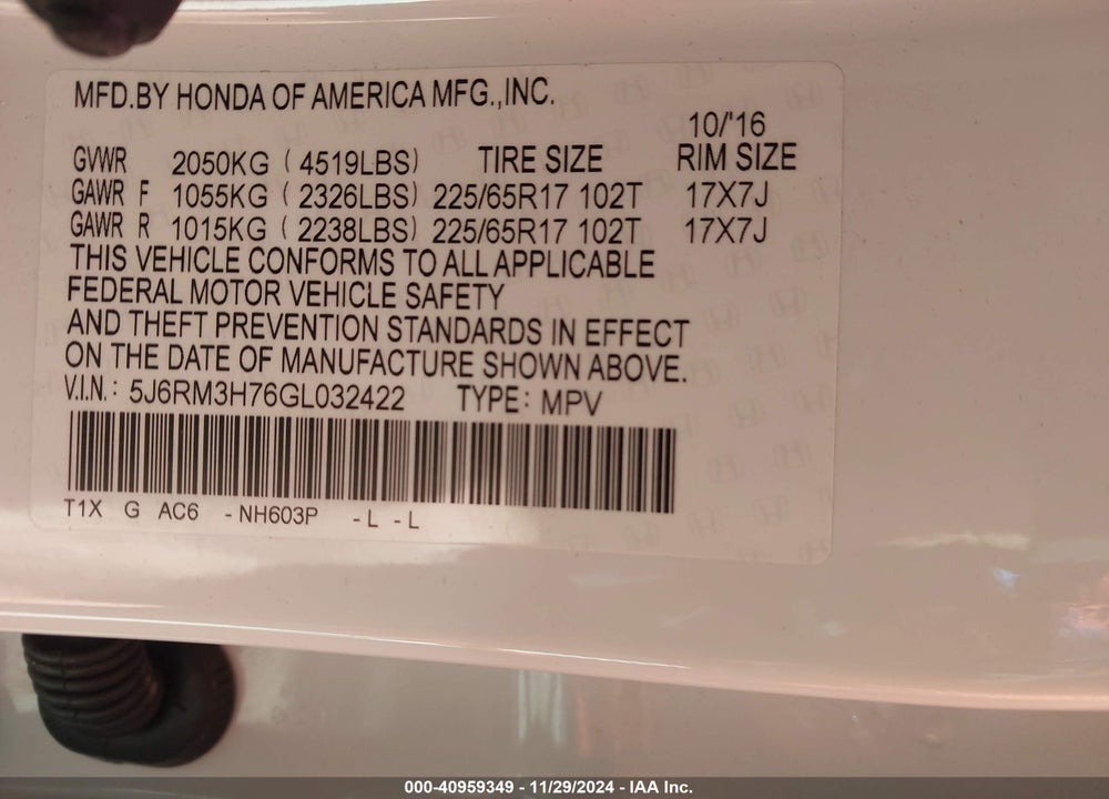 2016 HONDA CR-V EX-L VIN: 5J6RM3H76GL032422