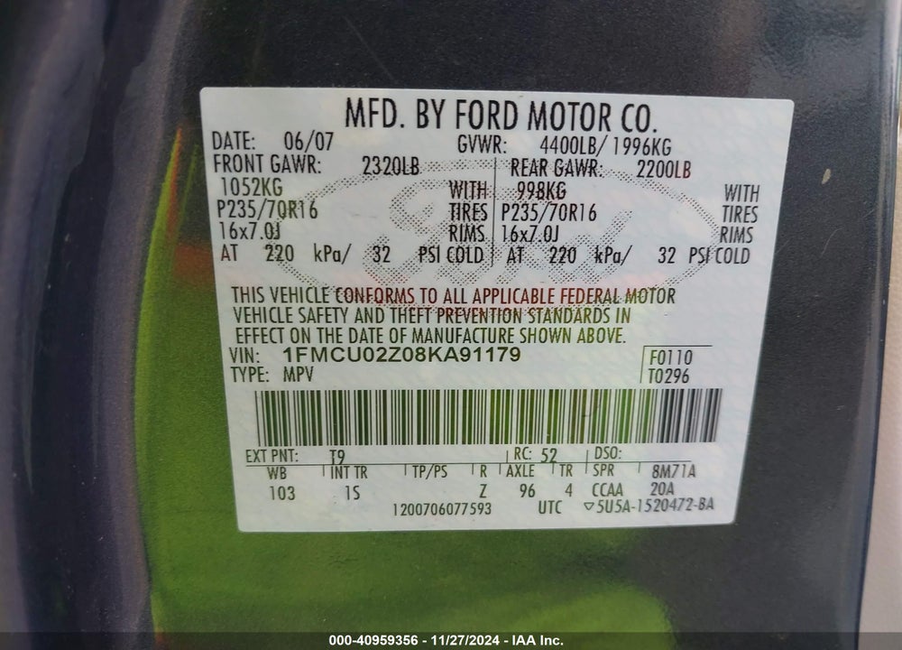 2008 FORD ESCAPE XLS/XLS MANUAL VIN: 1FMCU02Z08KA91179