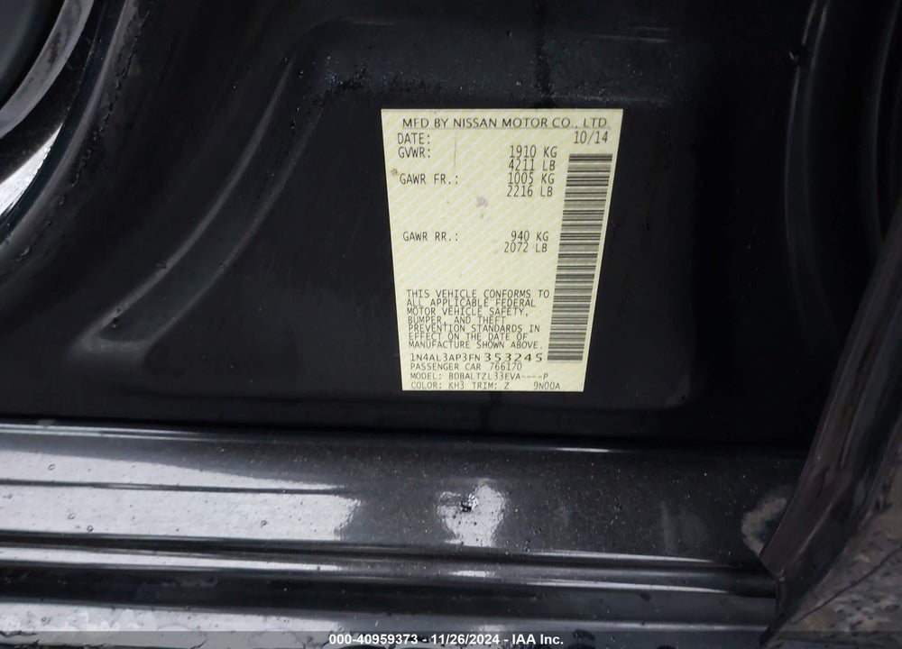 2015 NISSAN ALTIMA 2.5 SL VIN: 1N4AL3AP3FN353245