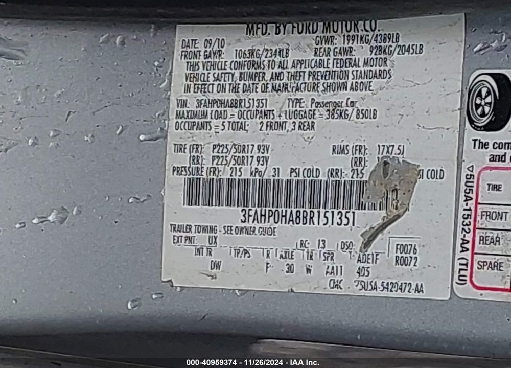 2011 FORD FUSION SE VIN: 3FAHP0HA8BR151351
