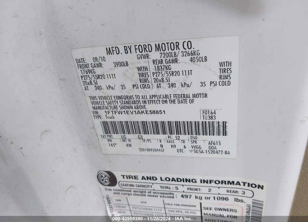 2010 HARLEY-DAVIDSON FORD F-150 FX4//KING RANCH/LARIAT/PLATINUM/XL/XLT VIN: 1FTFW1EV1AKE58851
