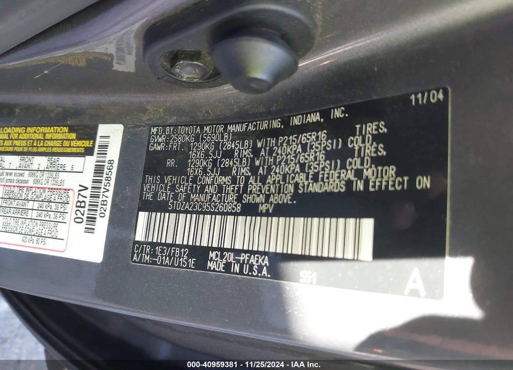 2005 TOYOTA SIENNA LE VIN: 5TDZA23C95S260858