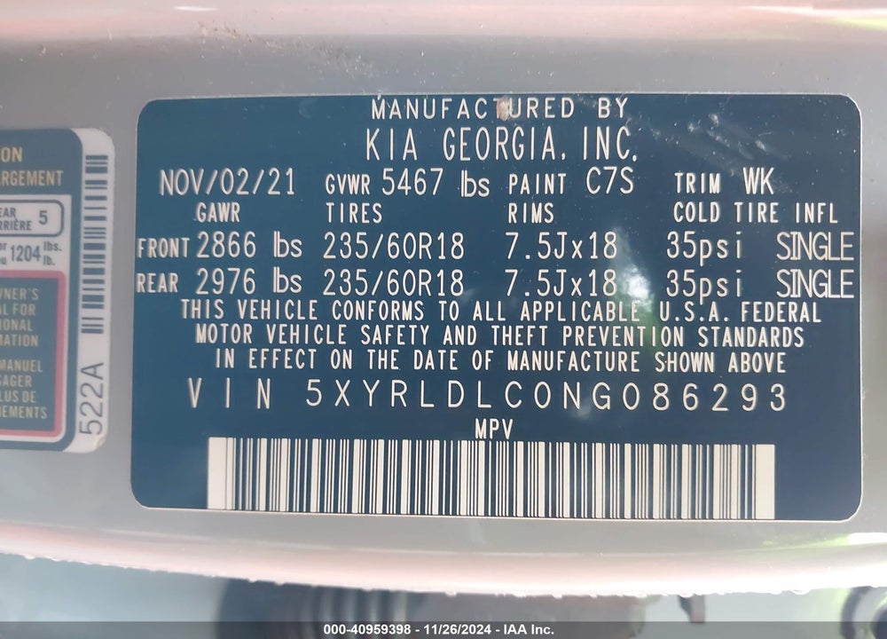2022 KIA SORENTO X-LINE S VIN: 5XYRLDLC0NG086293