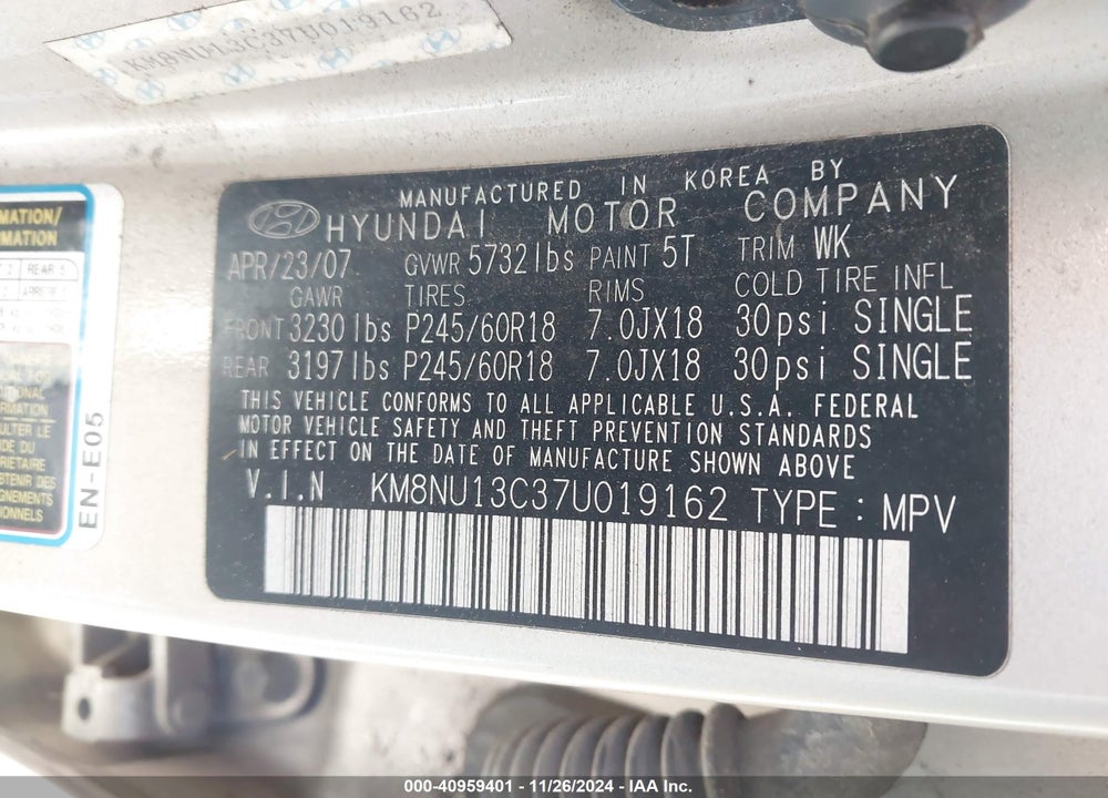 2007 HYUNDAI VERACRUZ VIN: KM8NU13C37U019162