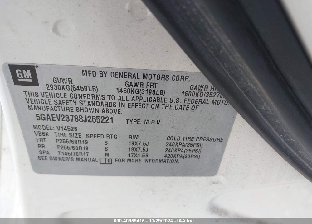 2008 BUICK ENCLAVE CXL VIN: 5GAEV23788J265221