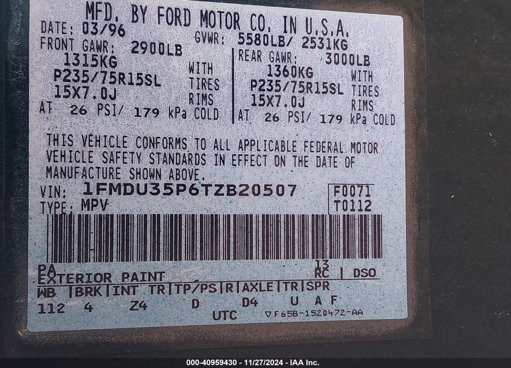 1996 FORD EXPLORER VIN: 1FMDU35P6TZB20507