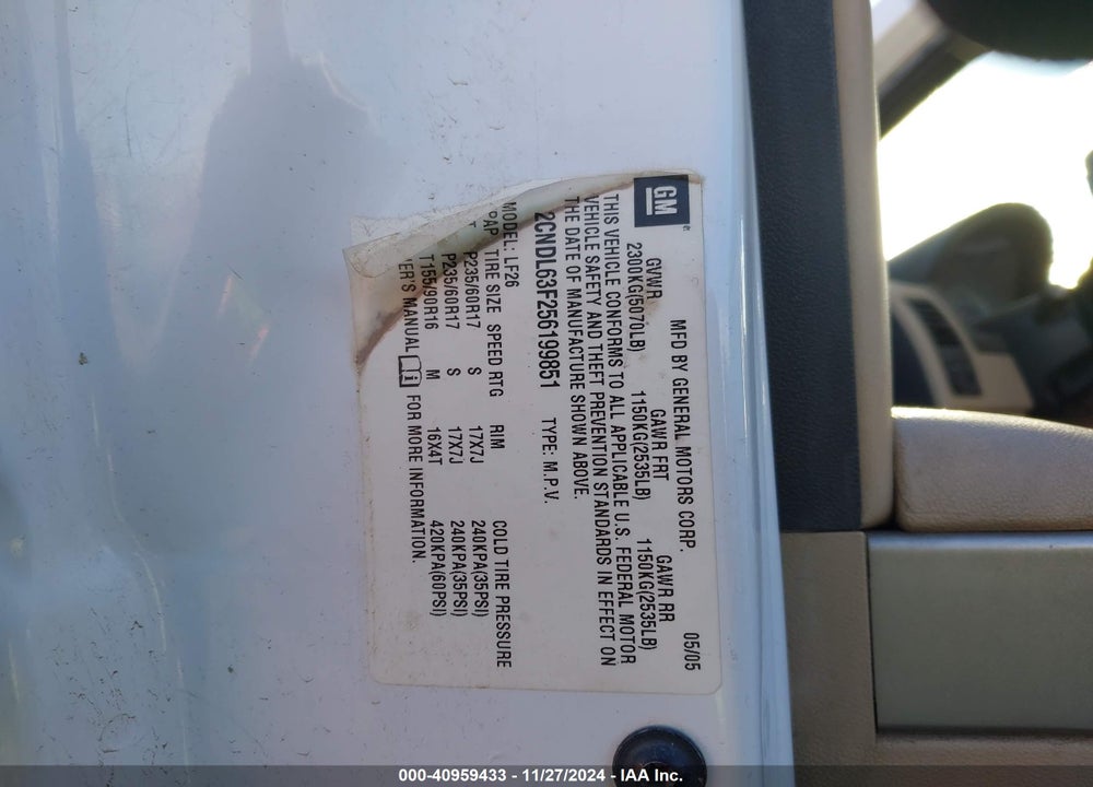 2005 CHEVROLET EQUINOX LT VIN: 2CNDL63F256199851
