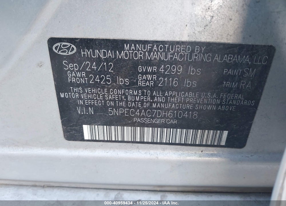 2013 HYUNDAI SONATA LIMITED VIN: 5NPEC4AC7DH610418