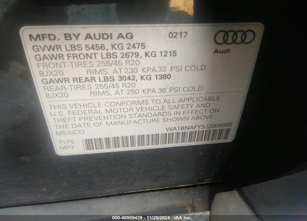 2018 AUDI Q5 2.0T PREMIUM/2.0T TECH PREMIUM VIN: WA1BNAFY3J2006680