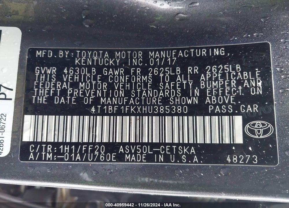 2017 TOYOTA CAMRY SE VIN: 4T1BF1FKXHU385380