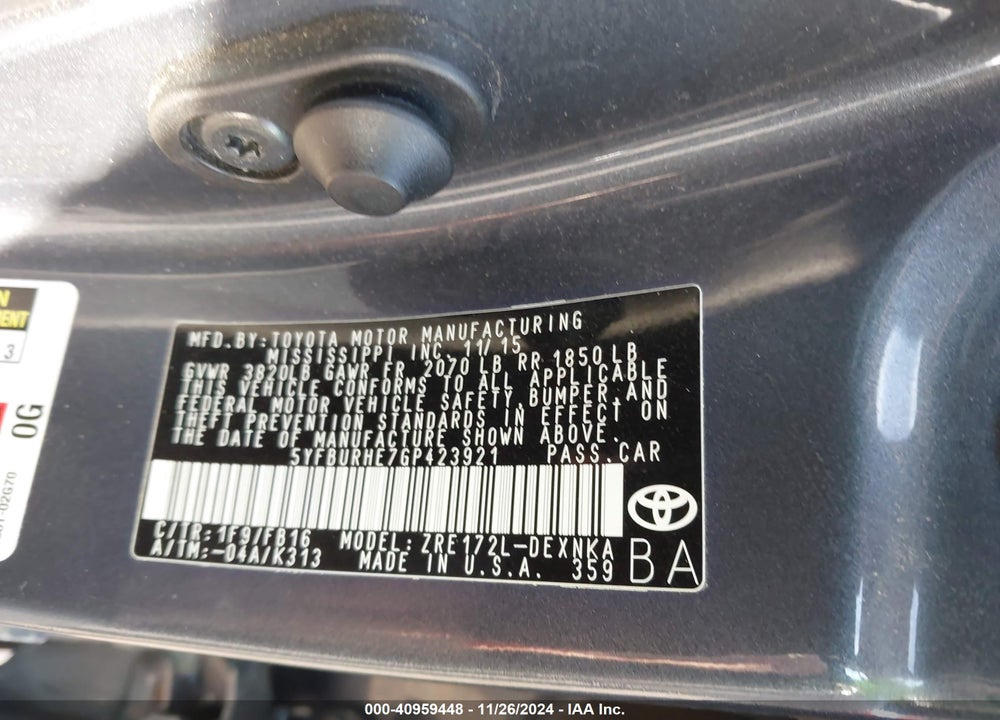 2016 TOYOTA COROLLA LE VIN: 5YFBURHE7GP423921