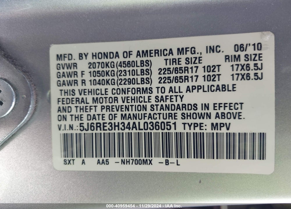 2010 HONDA CR-V LX VIN: 5J6RE3H34AL036051
