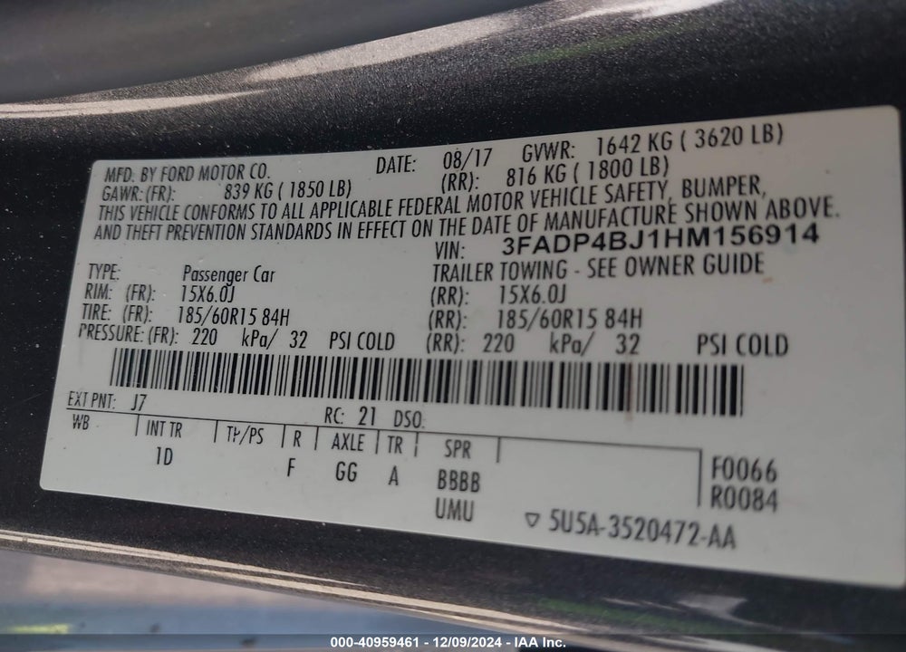 2017 FORD FIESTA SE VIN: 3FADP4BJ1HM156914