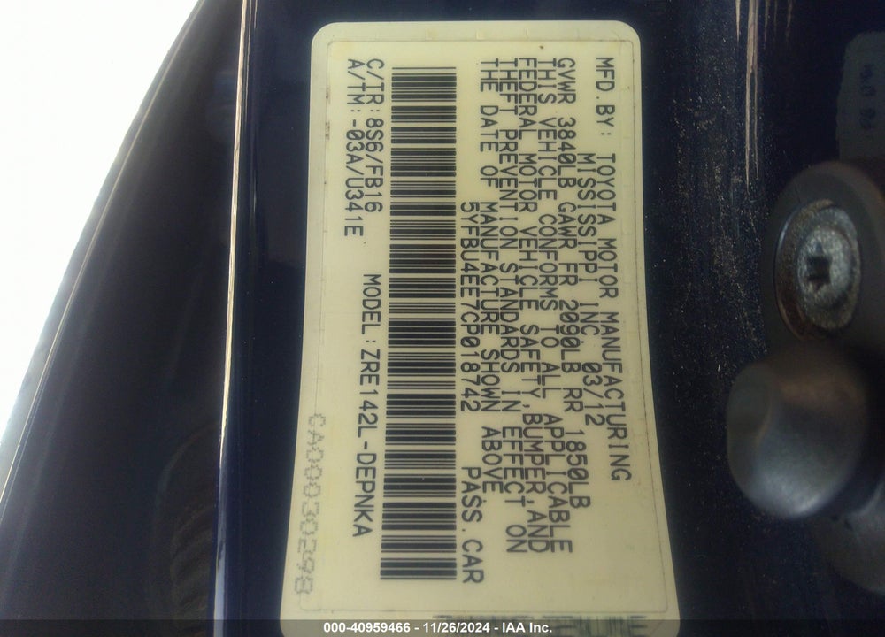 2012 TOYOTA COROLLA LE VIN: 5YFBU4EE7CP018742