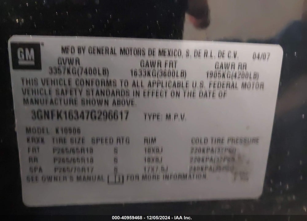 2007 CHEVROLET SUBURBAN 1500 LT VIN: 3GNFK16347G296617