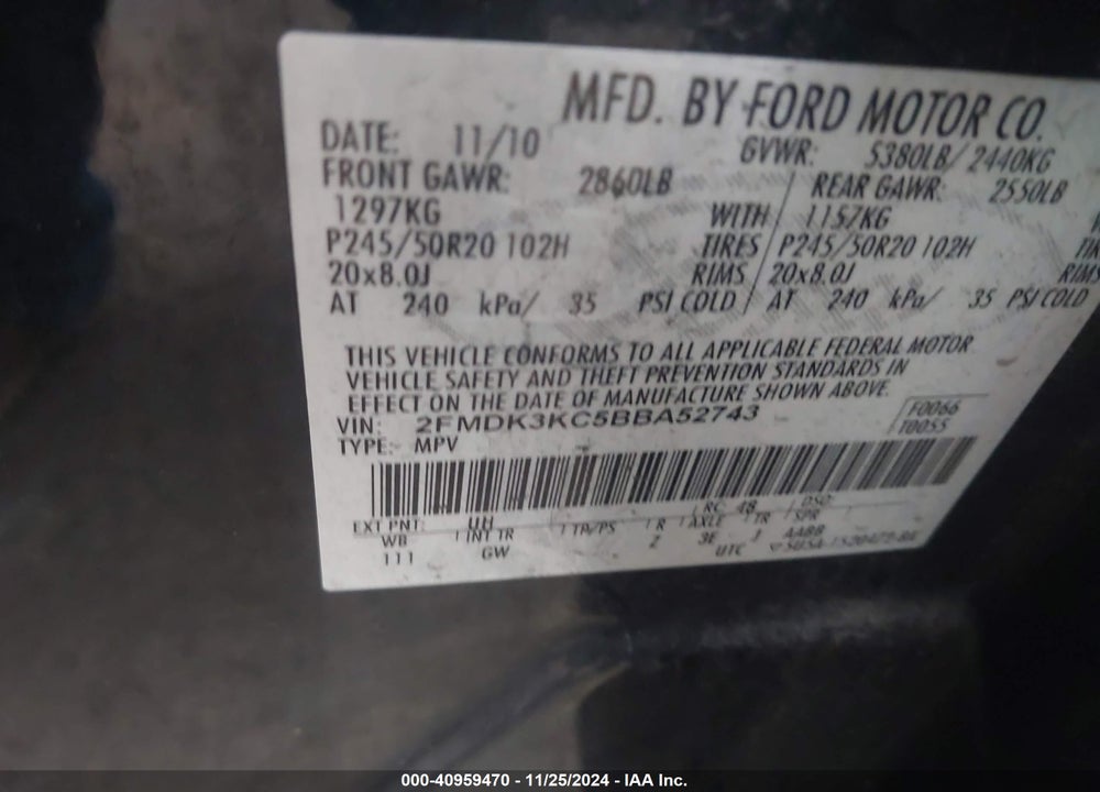 2011 FORD EDGE LIMITED VIN: 2FMDK3KC5BBA52743