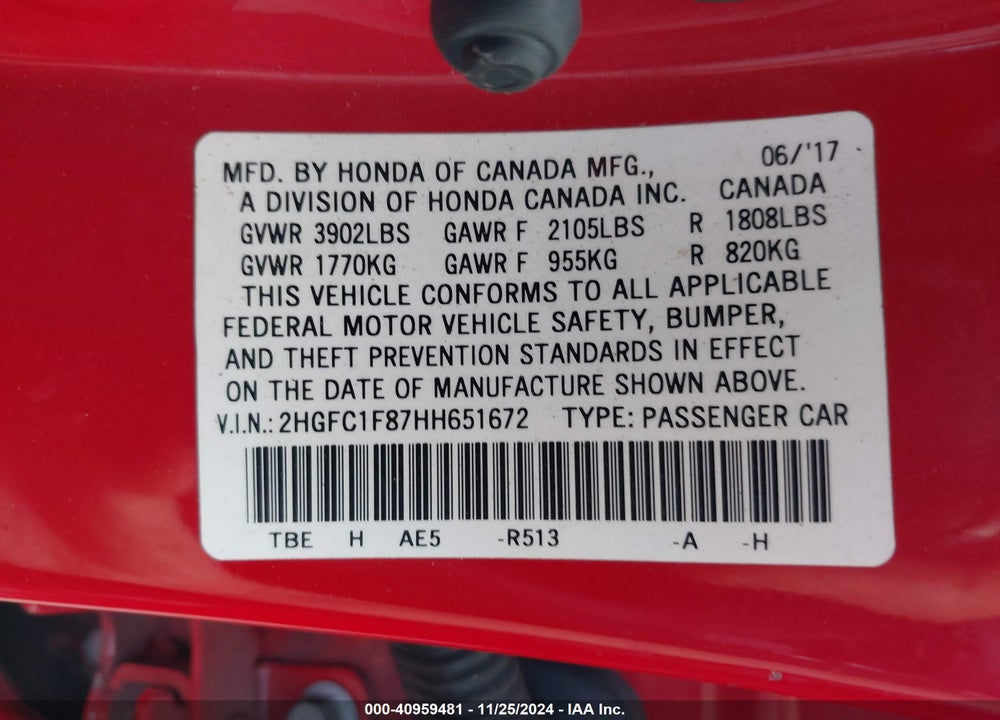 2017 HONDA CIVIC EX-L VIN: 2HGFC1F87HH651672
