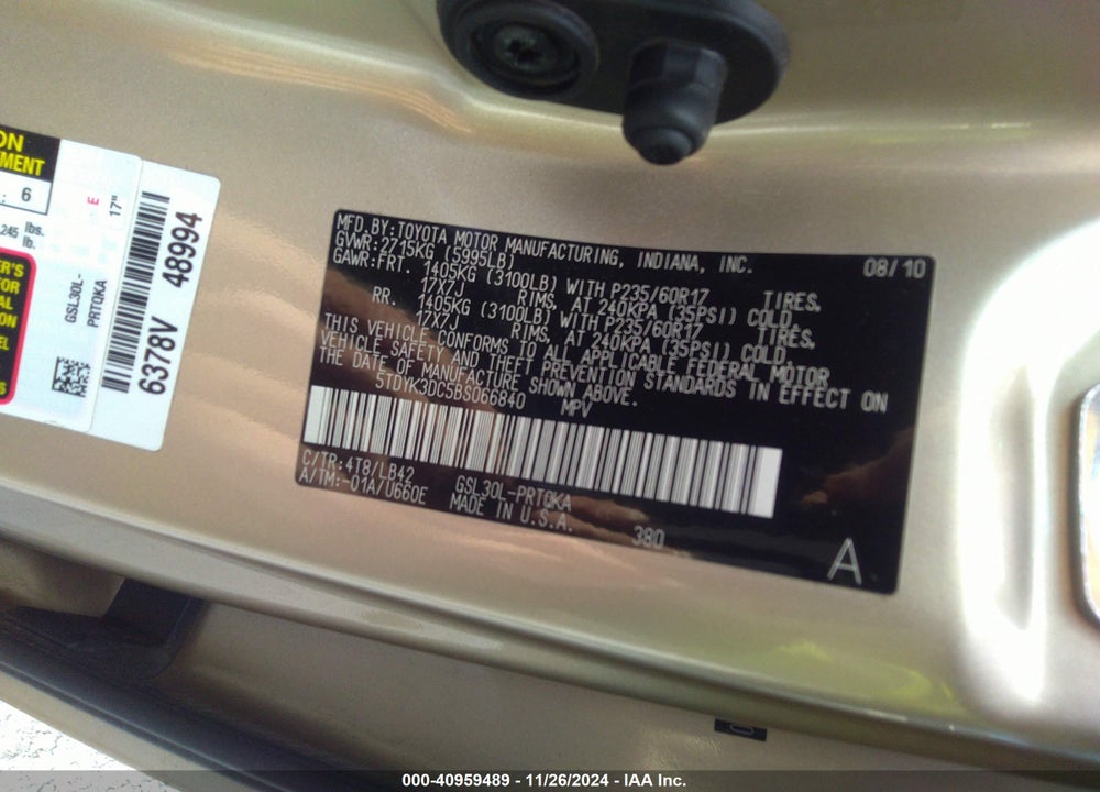 2011 TOYOTA SIENNA XLE V6 VIN: 5TDYK3DC5BS066840