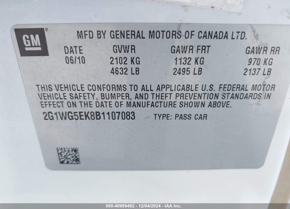 2011 CHEVROLET IMPALA LT VIN: 2G1WG5EK8B1107083