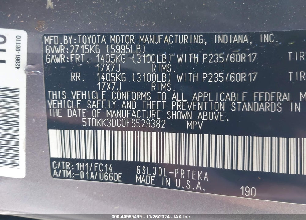 2015 TOYOTA SIENNA LE 8 PASSENGER VIN: 5TDKK3DC0FS529382