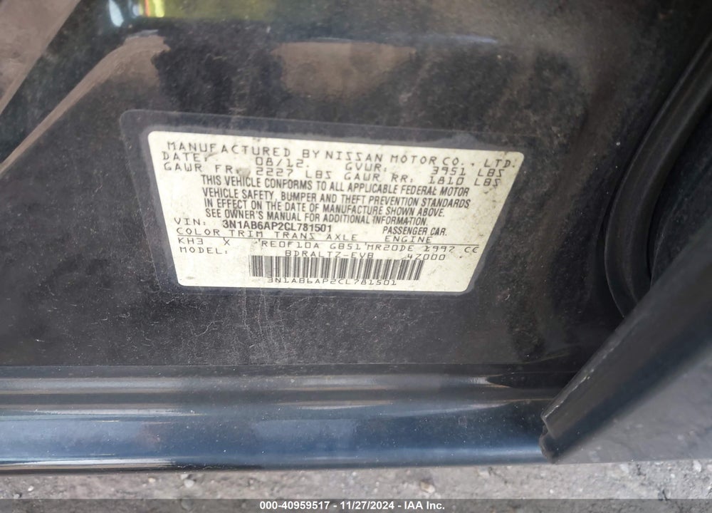 2012 NISSAN SENTRA 2.0 S VIN: 3N1AB6AP2CL781501