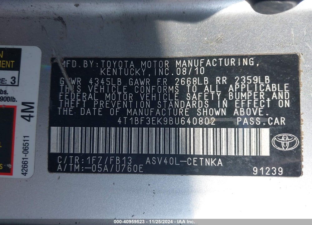 2011 TOYOTA CAMRY VIN: 4T1BF3EK9BU640802