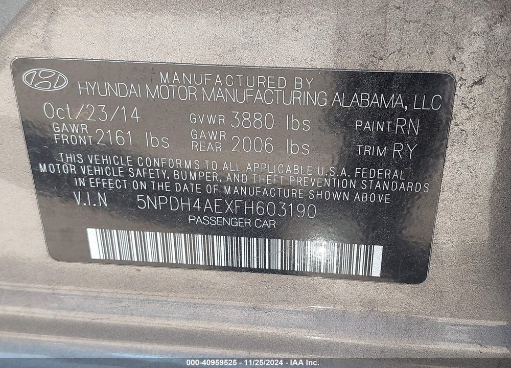 2015 HYUNDAI ELANTRA SE VIN: 5NPDH4AEXFH603190