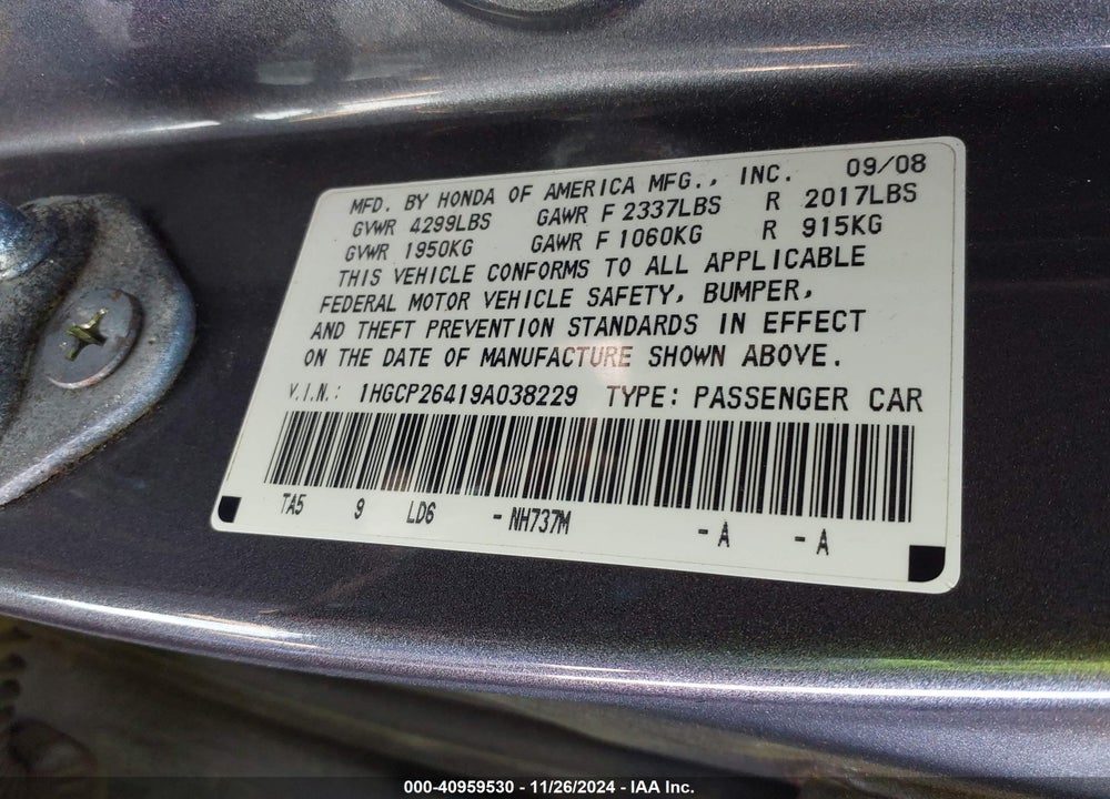2009 HONDA ACCORD 2.4 LX-P VIN: 1HGCP26419A038229