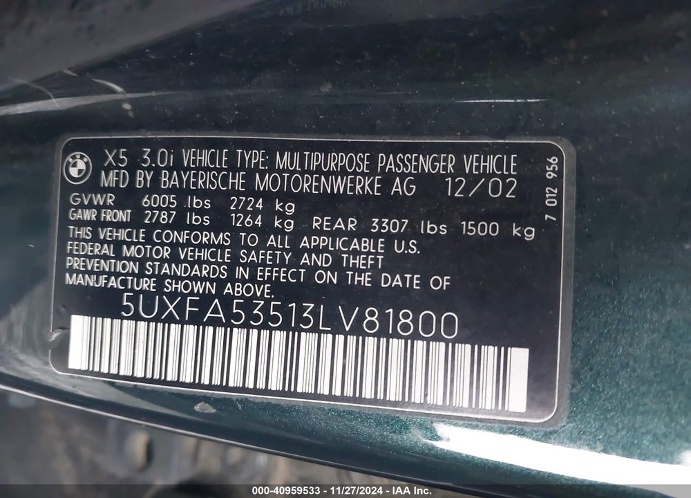 2003 BMW X5 3.0I VIN: 5UXFA53513LV81800