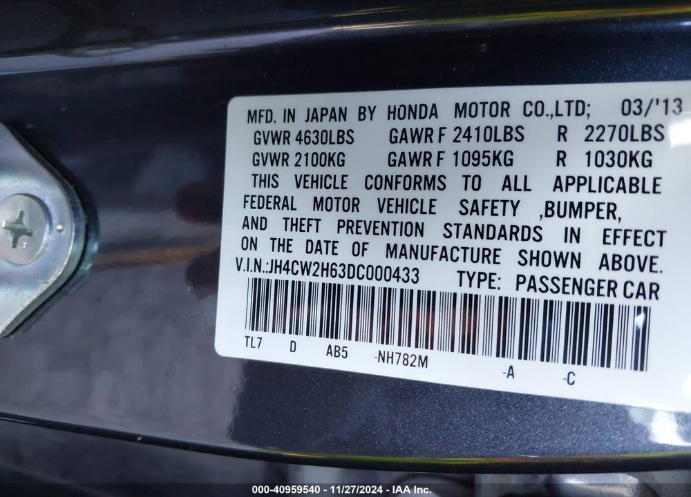 2013 ACURA TSX 2.4 VIN: JH4CW2H63DC000433